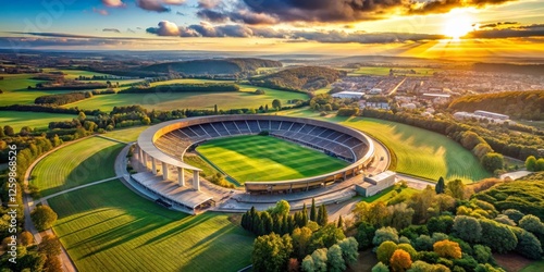 Aerial View of a Modern Stadium at Sunset Over Lush Green Fields photo