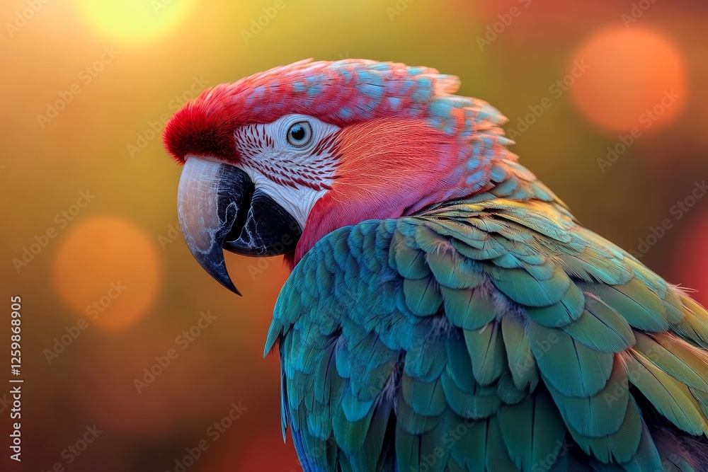 Fototapeta premium In a lively setting filled with heart shapes, a colorful parrot is prominently displayed