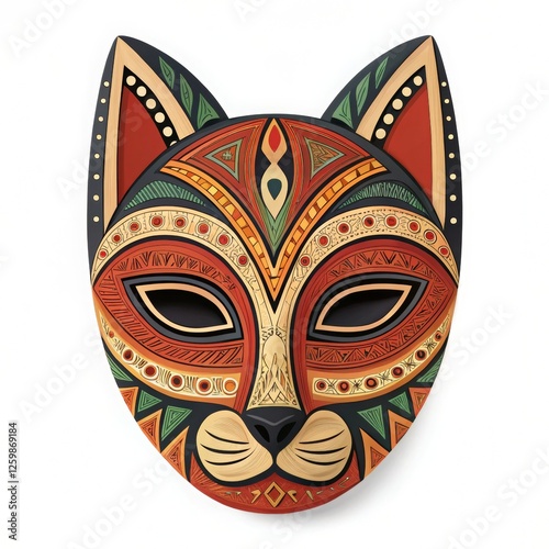 A colorful, intricately designed cat mask featuring geometric patterns and vibrant hues, ideal for decoration or cultural representation.