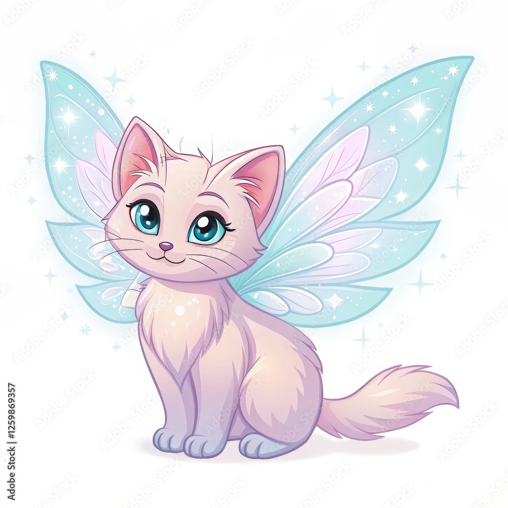 Obraz premium A cute, fluffy cat with sparkling blue wings sitting adorably, embodying a whimsical and magical fantasy theme.