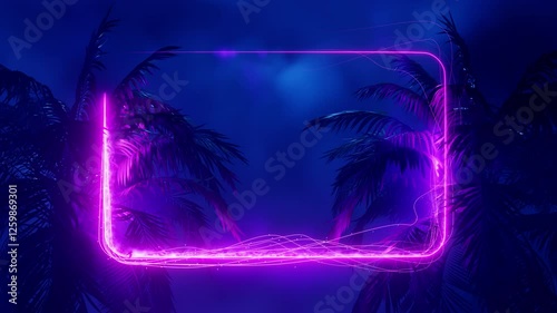 Dynamically drawn neon frame between palm trees. Infinitely looped animation