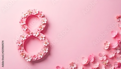 A pink-themed background for Women's Day (March 8th) featuring a decorated number eight with horizontal copy space