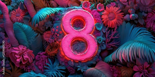 A colorful floral composition prominently features the number eight amidst lush greenery