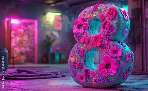 Vivid flowers encompass the colorful number eight in an artistic and modern arrangement