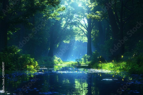 Sun rays over creek in vibrant forest, peaceful nature scene for meditation