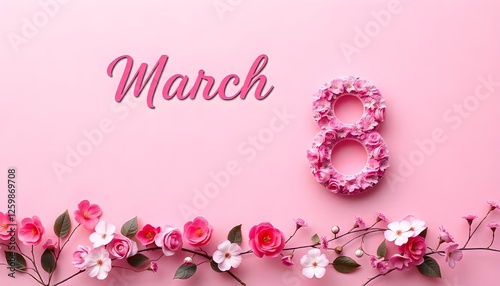 A pink-themed background for Women's Day (March 8th) featuring a decorated number eight with horizontal copy space
