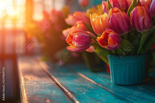 In the spring, vibrant tulips are basking in the warm sunlight that shines down on them as they sit on a wooden table outdoors in a serene setting