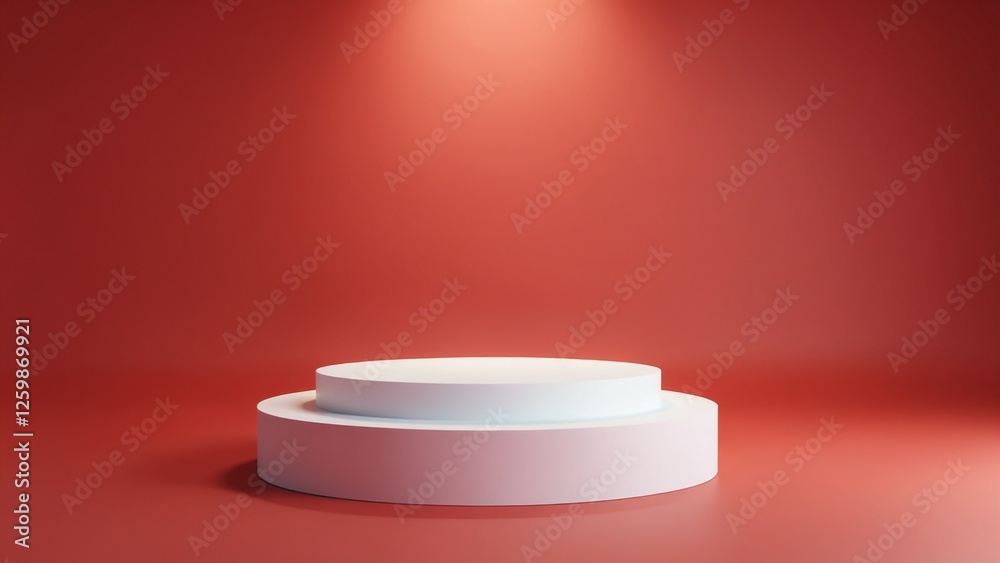Pedestal of platform display with modern stand podium on red room background. Blank Exhibition stage backdrop or empty product shelf. 3D rendering Pedestal of platform display with modern stand podium on red room background. Blank Exhibition stage backdrop or empty product shelf. 3D rendering