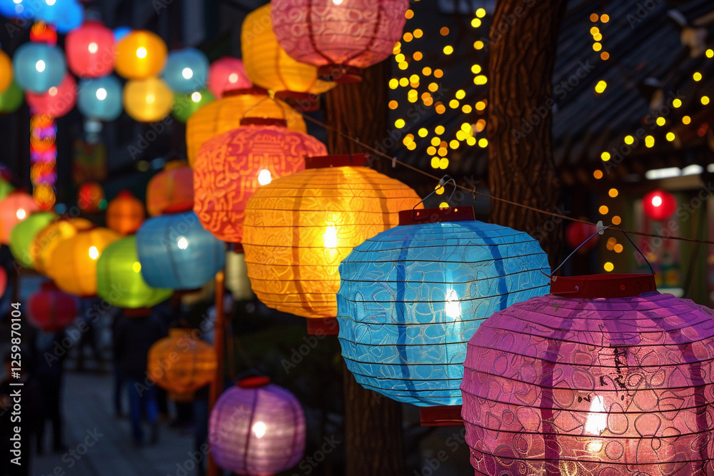 Fototapeta premium Beautiful holiday composition for happy celebrate chinese festival of lanterns, abstract vivid composition consists of fictional unreal fantastic vision on background