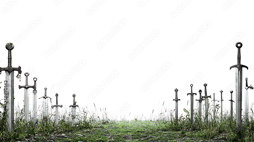 Obraz premium Many Swords in a Grassy Field