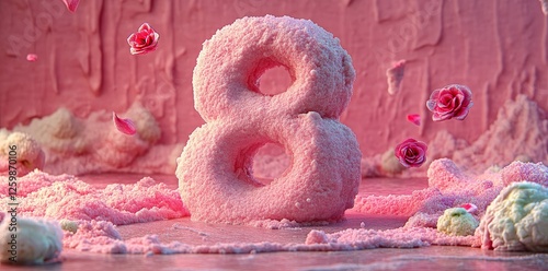 A soft background provides the setting for the delicate flower petals that surround a sparkling pink number eight