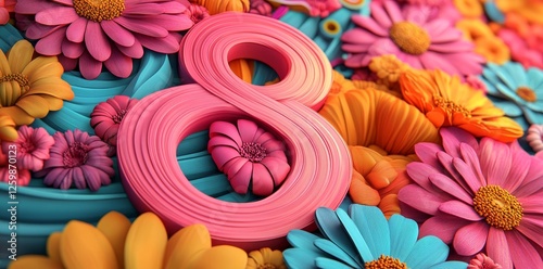 The number eight is prominently displayed on a soft pastel background amidst a colorful floral design