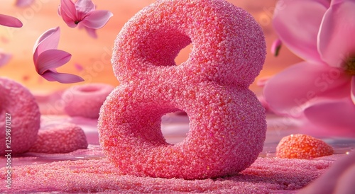 Delicate pink flowers adorn the number 8 on a softly hued pastel background