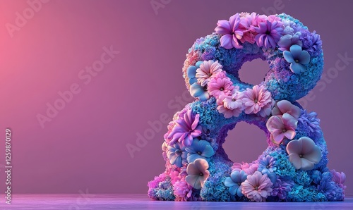 The number eight is formed by a colorful floral design that boasts intricate details and vibrant hues set against a soft backdrop