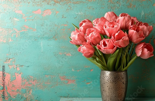 Pink tulips in a white vase are positioned against a delicate pastel pink background to achieve a lively and refreshing decor