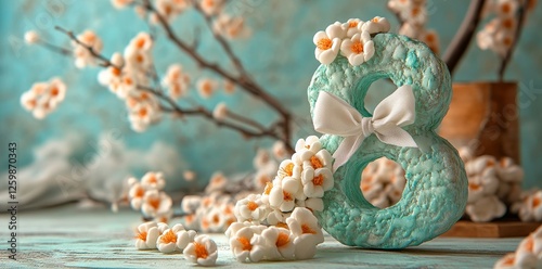 A soft blue background features the decorative number eight encircled by blossoms that bloom in spring