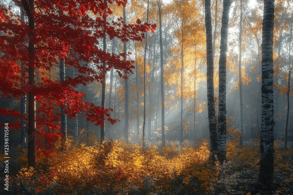 Fototapeta premium Autumn forest sunrise, misty path