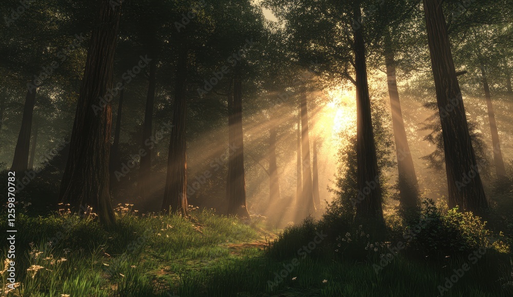 Obraz premium Sunbeams in a misty forest path