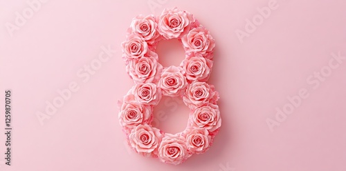 A floral arrangement of roses formed into the shape of the number eight is used for decorations and celebrations