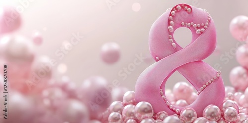 A soft pastel backdrop and pearls surround elegant golden ribbon number eight at a festive celebration