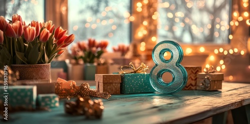 The eighth glass and an array of colorful tulips adorn a cozy setting during a beautiful springtime celebration that includes gifts