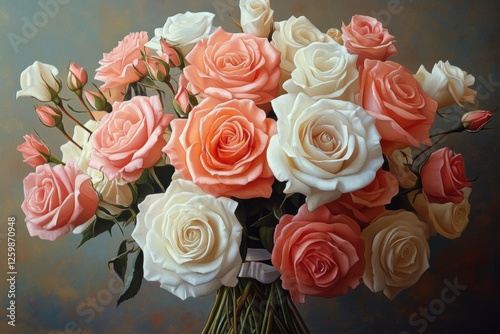 The soft pastel background provides a serene and delicate setting for a gorgeous bouquet of pink and white roses tied with a ribbon