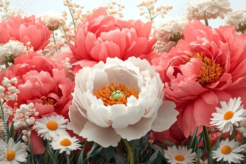 The arrangement is a beautiful display of white and pale pink flowers, prominently featuring peonies and daisies on a light-colored backdrop