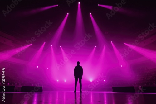 Musician on stage, illuminated by magenta spotlights, performs for audience