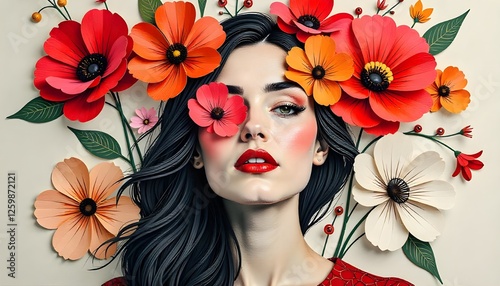 International Women's Day, An elegant illustration showcasing a woman's face surrounded by delicately layered flowers in a paper-cut style