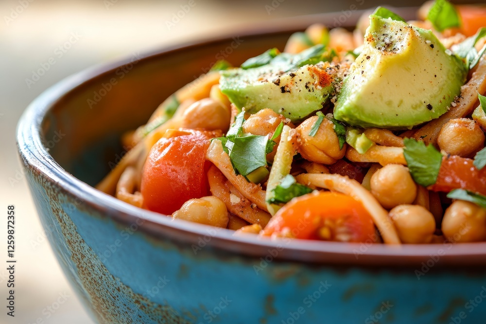This healthy meal option features a colorful pasta dish garnished with a variety of fresh vegetables and herbs This healthy meal option features a colorful pasta dish garnished with a variety of fresh vegetables and herbs