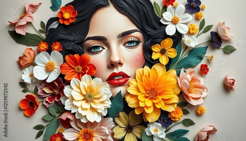 International Women's Day, An elegant illustration showcasing a woman's face surrounded by delicately layered flowers in a paper-cut style