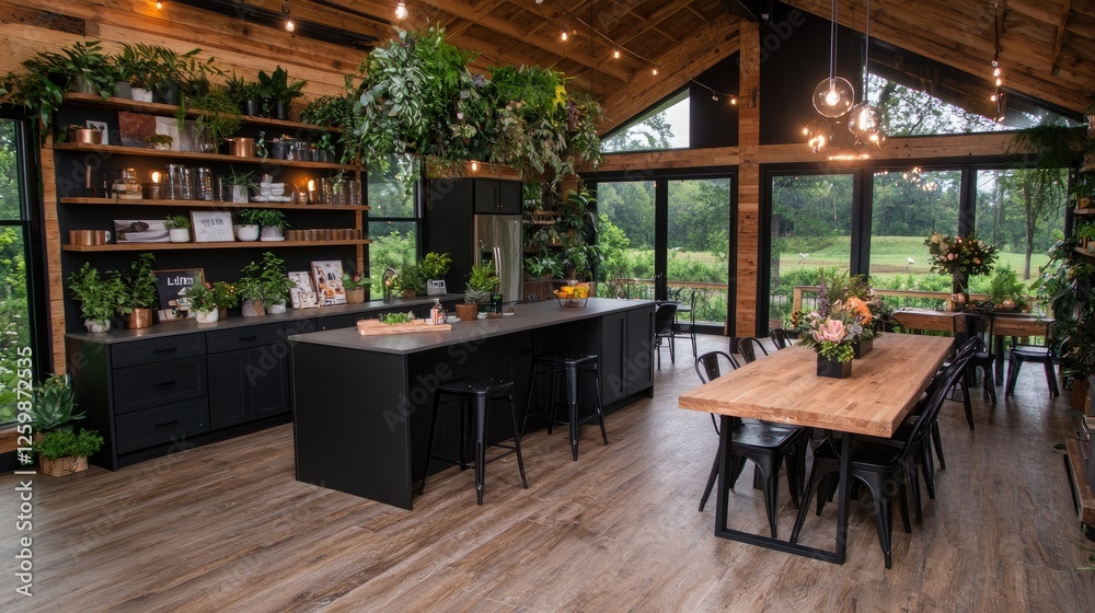 Modern farmhouse kitchen with lush greenery, overlooking a garden Modern farmhouse kitchen with lush greenery, overlooking a garden