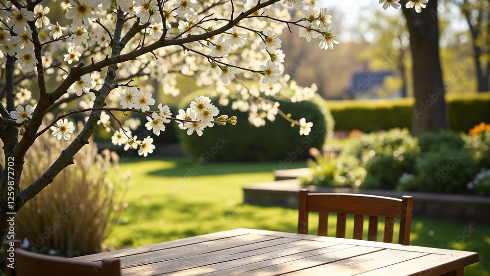 Naklejka premium Spring Table With Trees In Blooming And Defocused Sunny Garden In Background