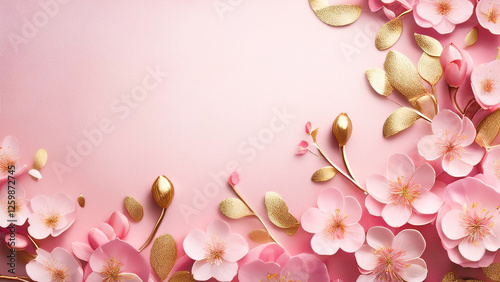 ピンク×ゴールドの桜　高級感ある背景　テキストスーペースあり