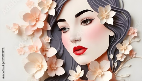 International Women's Day, An elegant illustration showcasing a woman's face surrounded by delicately layered flowers in a paper-cut style