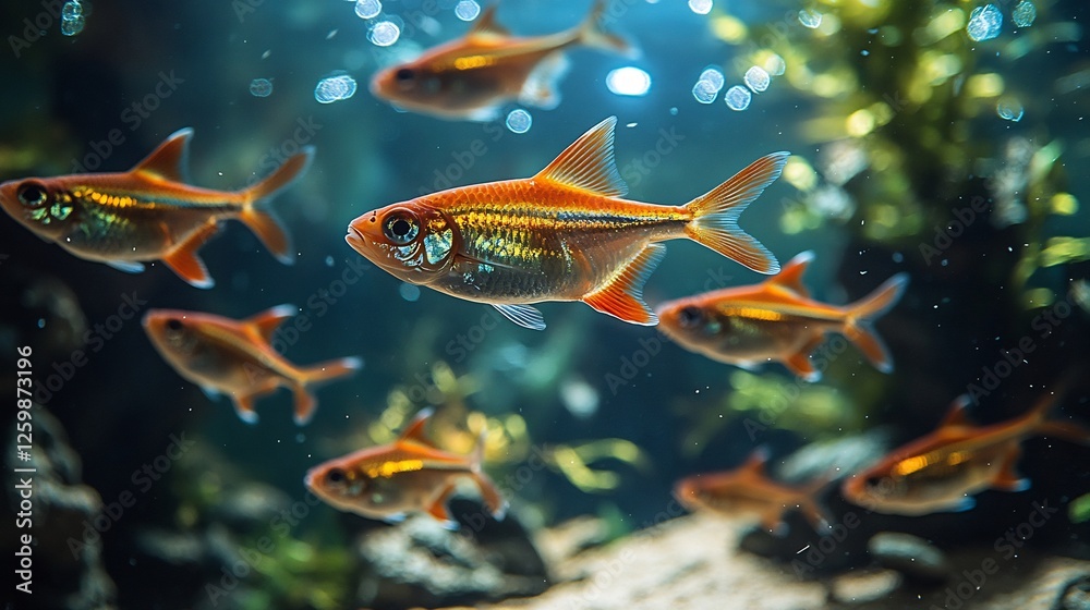 Fototapeta premium A school of cardinal tetras swimming in harmony in a lush, planted aquarium with a sandy substrate, perfect for