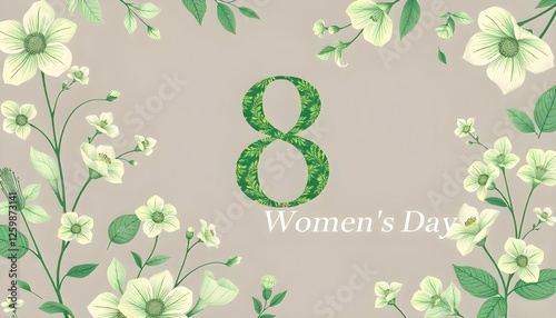 International Women's Day, This elegant botanical background, featuring green florals, the number 8, and a caption, is designed to celebrate