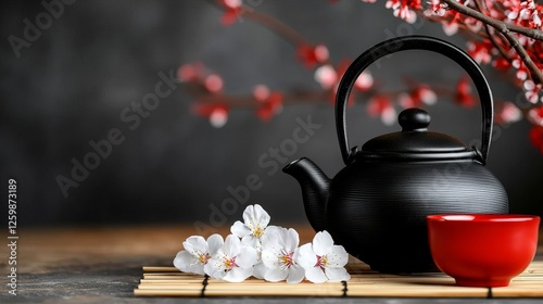  a black teapot and a red cup of tea on a wooden table, surrounded by white flowers and a branch of a tree in the background The background is slightly blurred, giv photo