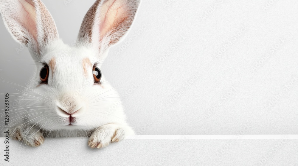 Obraz premium a white rabbit peeking over a blank sign, with its ears perked up and its eyes wide open Its fur is soft and fluffy, and its ears are long and floppy Its paws are