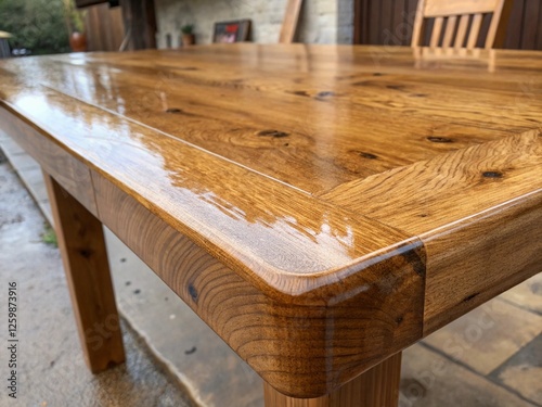 A beautifully crafted wooden table with a glossy finish is showcased in the sunlight, highlighting its rich texture and natural beauty