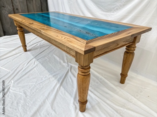A beautifully crafted wooden table with a glossy finish is showcased in the sunlight, highlighting its rich texture and natural beauty