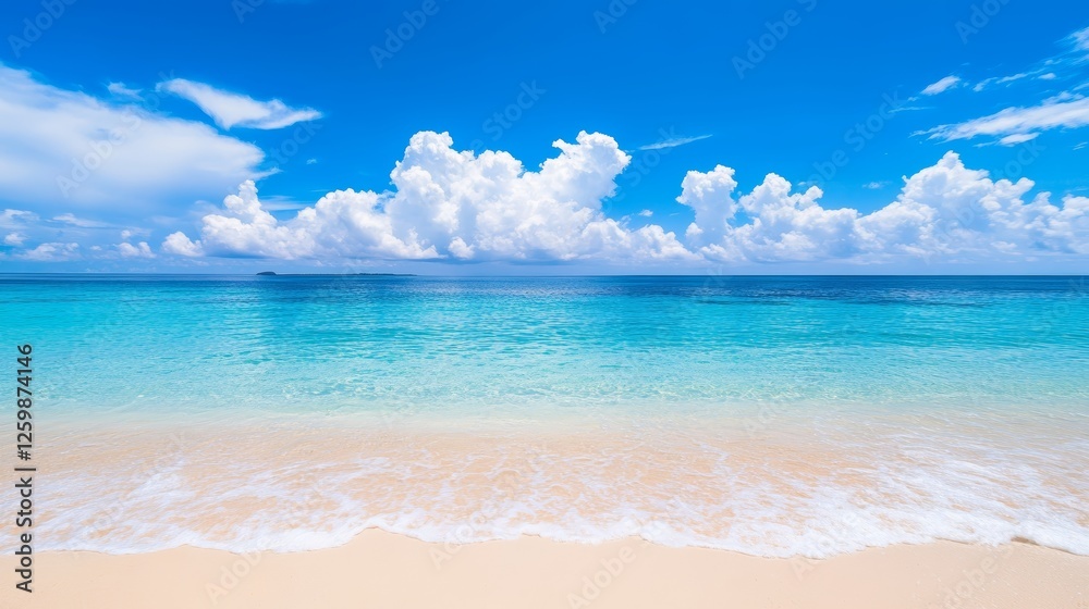 Fototapeta premium Serene Tropical Beach Scene Azure Ocean White Sand Fluffy Clouds