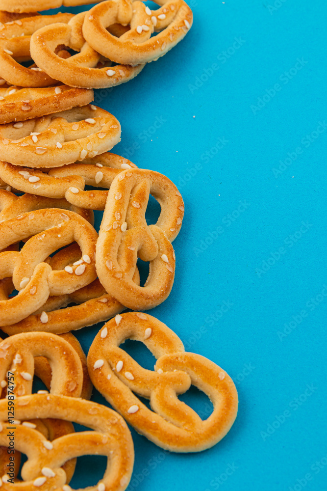 Freshly baked pretzels on a vibrant blue background Freshly baked pretzels on a vibrant blue background
