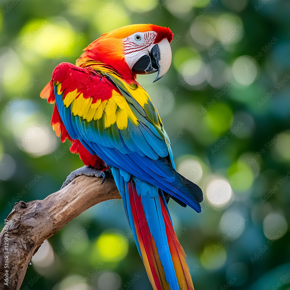 Obraz premium Scarlet Macaw in the wild: This vibrant scarlet macaw, adorned with brilliant red, blue, and yellow plumage, perches majestically on a branch, showcasing the natural beauty of the wild.