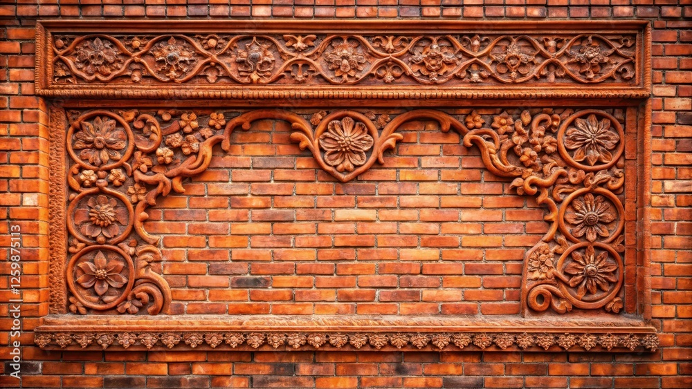Red brick wall with intricate carvings and ornate details Red brick wall with intricate carvings and ornate details