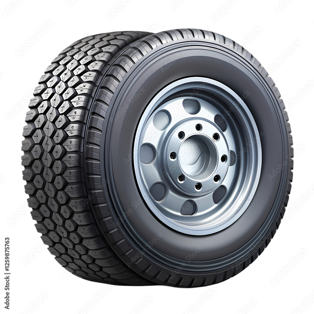 Fototapeta premium Closeup view of a durable truck tire with a silver rim on 3d duty road on transparent background