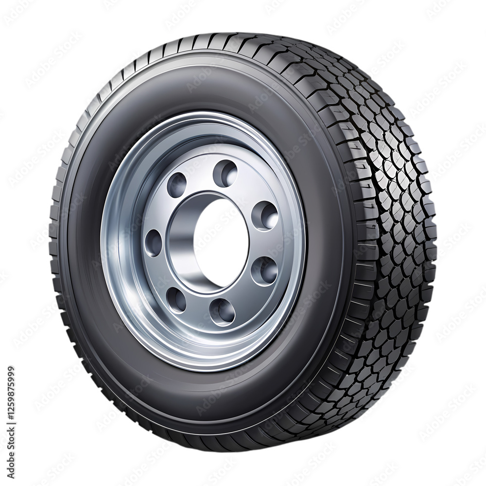 Obraz premium Closeup of a large truck tire with a silver rim on road duty part wheel on transparent background