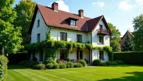 Altes Haus mit reichlich Fenstern und Hortensien, garten, fenster, gr?n photo