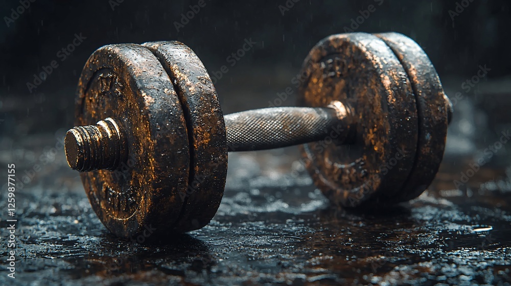 Rusty dumbbell, rain, dark background, fitness Rusty dumbbell, rain, dark background, fitness