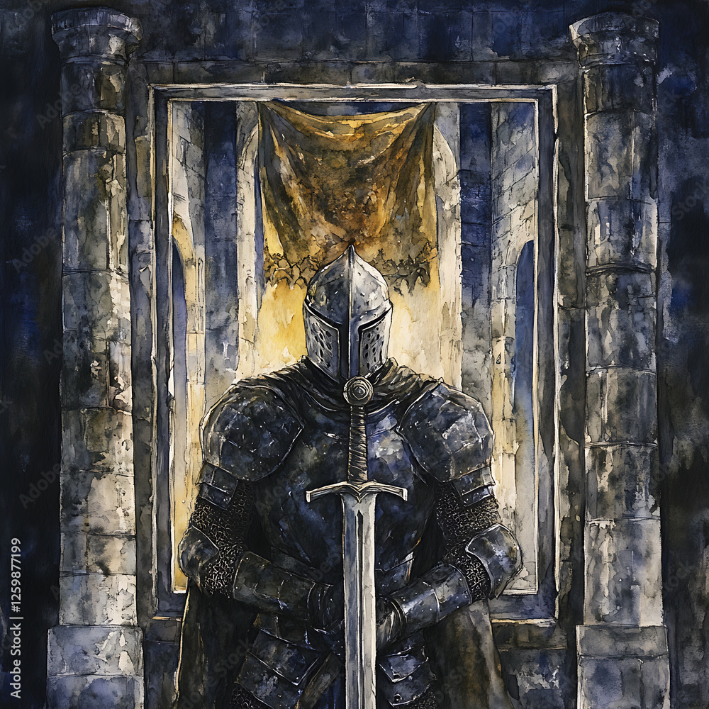 Medieval Knight in Dark Armor Holding a Sword Medieval Knight in Dark Armor Holding a Sword